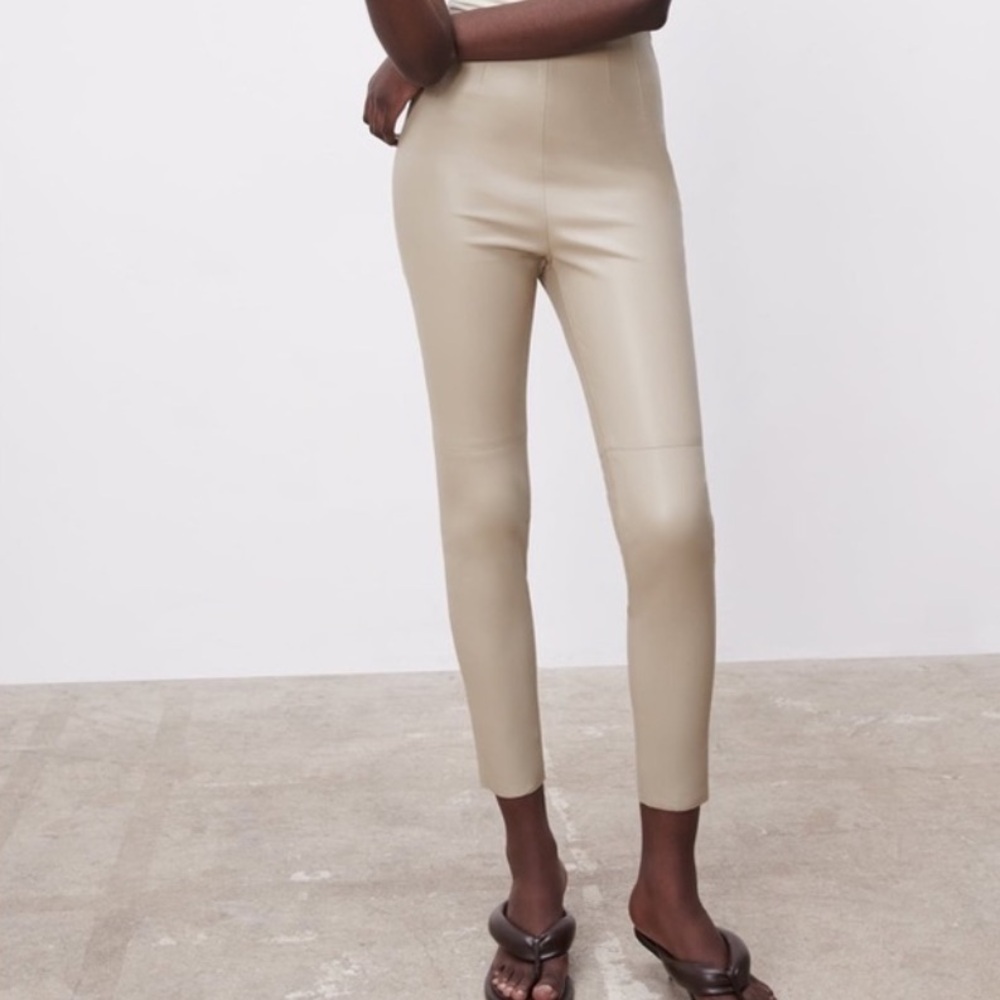Zara - Cream Leggings Faux Leather High-Waisted, Large